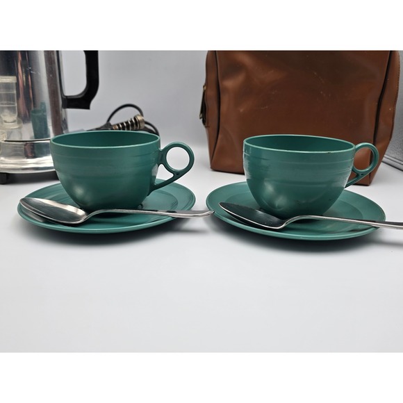 Empire Coffeepot USA Teal Melamine Tea Cups Saucers Spoons Set 2 Vintage - Picture 2 of 16